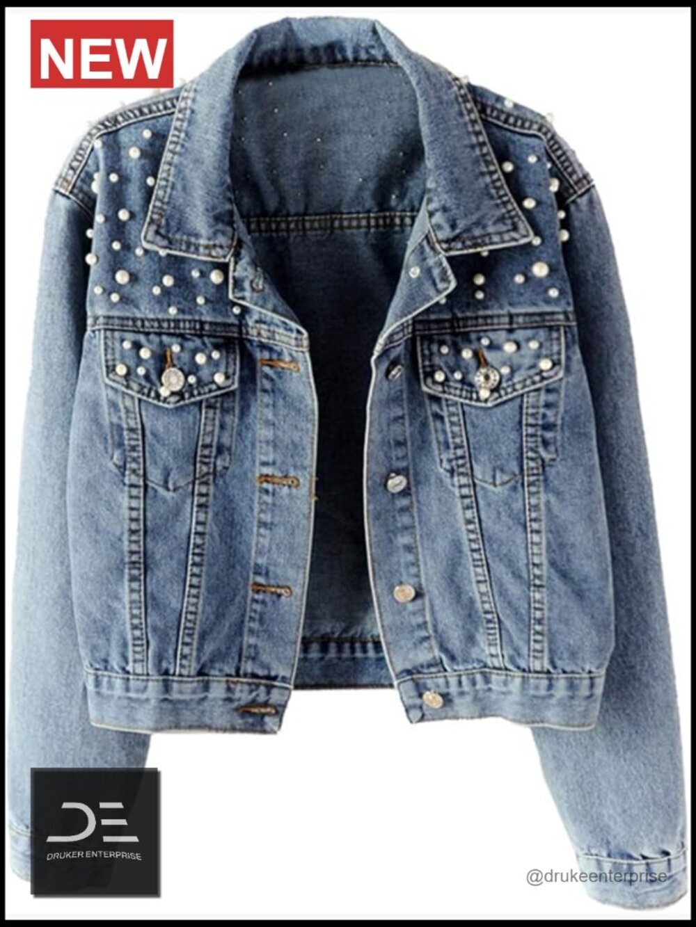 Oversized Denim Jacket with Pearl Beading - Long Sleeve Button Down